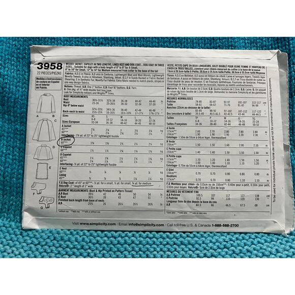 McCalls 3958 pattern capelet jacket matching dog vest coat Size XS S M - Picture 3 of 5